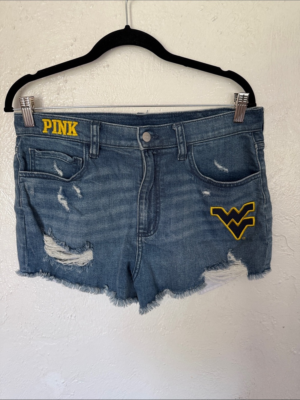 PINK Victoria's Secret Distressed Blue Denim Shorts with Yellow WVU Patch